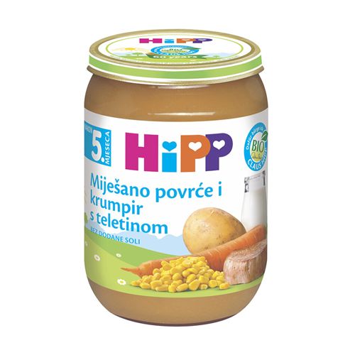 Hipp kaša Mešano povrće i krompir sa teletinom, u pakovanju od 190g, namenjena za bebe uzrasta nakon navršenog 5. meseca i malu decu.