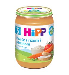 Hipp kaša Povrće sa pirinčem i piletinom, u pakovanju od 190g, namenjena za bebe uzrasta nakon navršenog 5. meseca i malu decu.