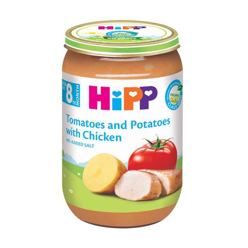Hipp kaša Krompir i paradajz sa piletinom, u pakovanju od 220g, namenjena za bebe uzrasta nakon navršenog 8. meseca i malu decu.
