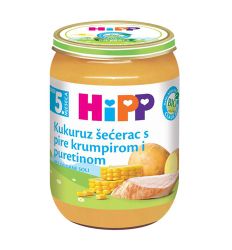 Hipp kaša Kukuruz šećerac sa pire krompirom i ćuretinom, u pakovanju od 190g, namenjena za bebe uzrasta nakon navršenog 5. meseca i malu decu.