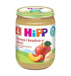 Hipp kaša Banana i breskva u jabuci, u pakovanju od 190g, namenjena za bebe uzrasta nakon navršenog 4. meseca i malu decu.