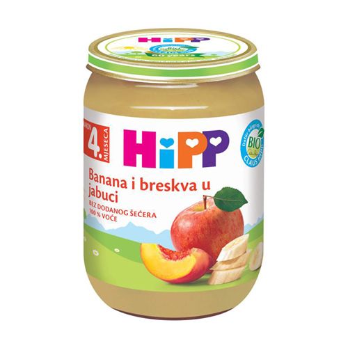 Hipp kaša Banana i breskva u jabuci, u pakovanju od 190g, namenjena za bebe uzrasta nakon navršenog 4. meseca i malu decu.
