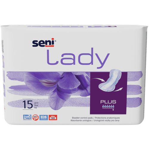 Seni Lady ulošci Plus 15kom namenjeni ženama sa urinarnom inkontinencijom, bez mirisa, hipoalergijski i imaju veliku moć upijanja.