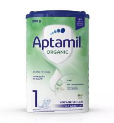 Aptamil 1 Organic 800g organsko adaptirano mleko za bebe namenjeno za uzrast od rođenja do navršenih 6 meseci života, sa biljnim uljima, ali bez palminog ulja.