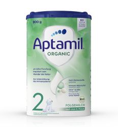 Aptamil 2 Organic 800g organsko adaptirano mleko za bebe namenjeno za uzrast od navršenih 6 meseci života, sa biljnim uljima, ali bez palminog ulja.