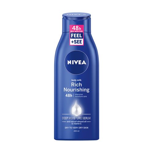 Nivea mleko za telo Rich Nourishing 400ml sa bademovim uljem, intenzino hrani i hidrira suvu i veoma suvu kožu tela. Pruža 48 sati intezivne hidratacije.