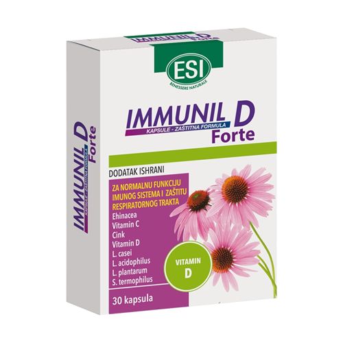 Immunil D forte 30 kom na bazi ehinacee,cinka,vitamina C,vitamina D i 2 milijarde probiotika. Namenjen jačanju imuniteta i prevenciji prehlade i gripa.