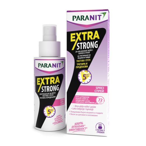 Paranit Extra Strong sprej 100% efikasan u istrebljenju vaški za samo 5 minuta i gnjida za 10 minuta. Štiti kosu od vaški naredna 72h. Pakovanje 100ml + češalj.