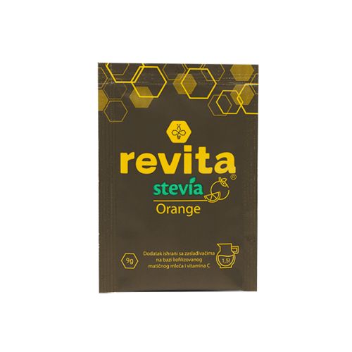 kesice iz pakovanja Revita stevia orange gde kutija sadrži 10 kesica. Revita stevia orange je dijetetski proizvod sa liofilizovanim matičnim mlečom - dodatak ishrani