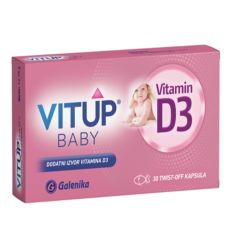 Vitup Baby twist-off kapsule sa vitaminom D3 namenjen novorođenčadima od 8.dana do navršenih godinu dana života.Ima ulogu u pravilnom razvoju i imunitetu deteta