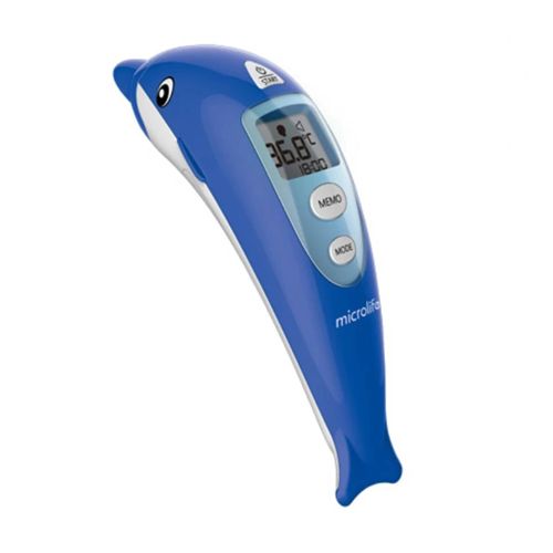 Beskontaktni toplomer Microlife NC 400 precizno meri temperaturu tela, bebi hrane,kupke, prostorije za 3 sekunde.Dizajnom prilagođen deci, oblik delfina.