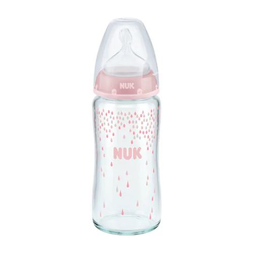 NUK staklena flašica First Choise 240ml koja se dobija sa silikonskom cuclom 0-6m roze