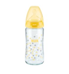 NUK staklena flašica First Choise 240ml koja se dobija sa silikonskom cuclom 0-6m žuta