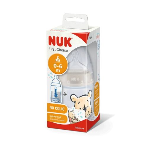 NUK plastična flašica First Choise + silikonskom cuclom 0-6m 150ml Winnie Pooth sa termo indikatorom