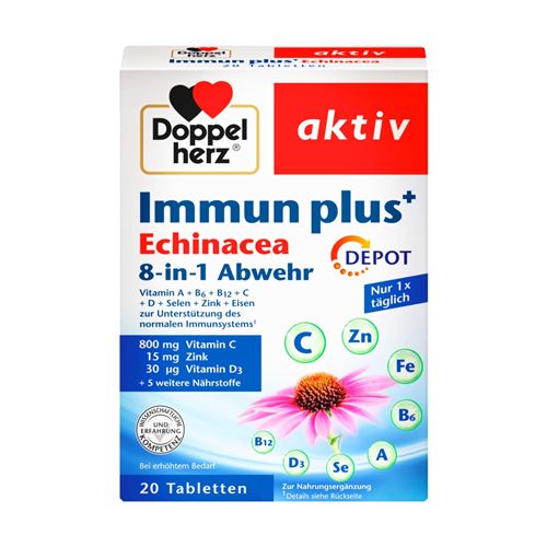 Doppelherz immun plus+ Echinacea, 20 tableta, je dijetetski suplement namenjen za jačanje imuniteta i zaštiti organizma.