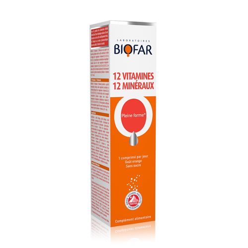 Biofar 12 vitamina + 12 minerala šumeće tablete predstavljaju  dijetetski proizvod koji zahvaljujući svome sastavu doprinosi smanjenju umora i iscrpljenosti.