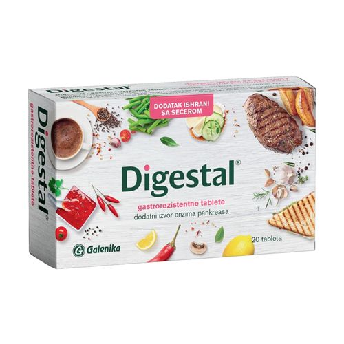 Digestal u pakovanju od 20 tableta otlkanja tegobe izazvane unosom masne hrane; kod smanjene  sekrecije digestivnih enzima.