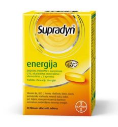 Supradyn energy u pakovanju od 30 tableta je dodatak ishrani sa koenzimom Q10, vitaminima, mineralima.