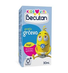 Becutan Kids VitS kapi protiv grčeva 30ml, namenjene za bebe i decu od rođenja, se koriste za tretman nadutosti i grčeva kod beba i dece.