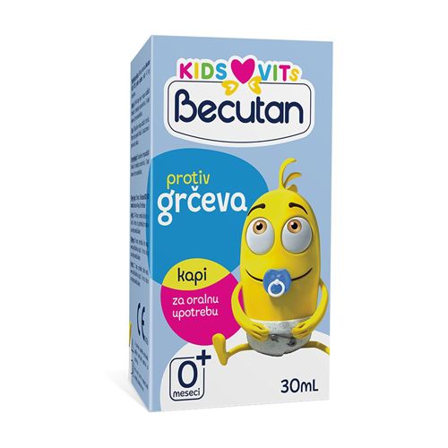 Becutan Kids VitS kapi protiv grčeva 30ml, namenjene za bebe i decu od rođenja, se koriste za tretman nadutosti i grčeva kod beba i dece.