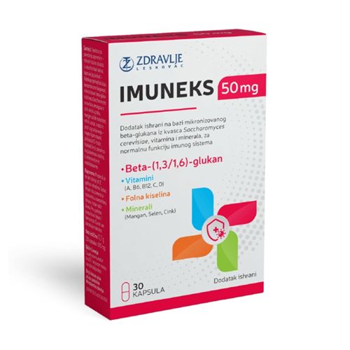 Imuneks od 50mg od 30 kapsula se koristi kao dodatak ishrani za normalnu funkciju imunog sistema. Namenjen je pacijentima nakon hemioterapije i radioterapije.