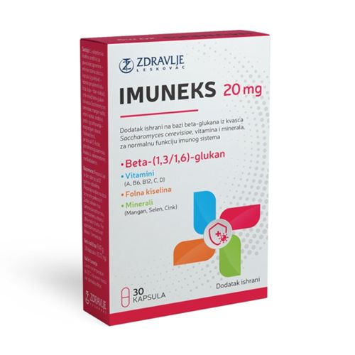 Imuneks od 20mg od 30 kapsula se koristi kao dodatak ishrani za normalnu funkciju imunog sistema. Namenjen je pacijentima nakon hemioterapije i radioterapije.