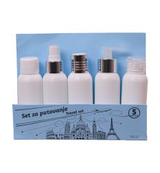 Putujte bez brige - praktičan set od 5 bočica pazne ambalaže za šampon, losion, mleko i ostale tečne preparate u praktičnom providnom neseseru.