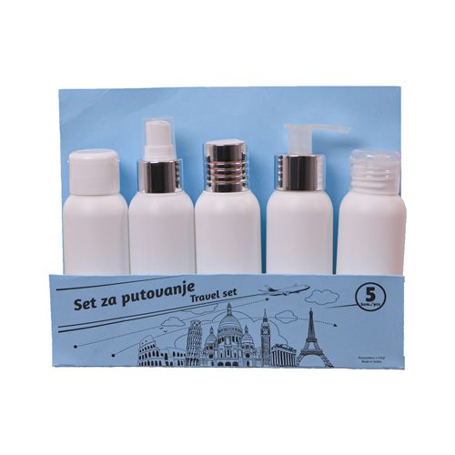 Putujte bez brige - praktičan set od 5 bočica pazne ambalaže za šampon, losion, mleko i ostale tečne preparate u praktičnom providnom neseseru.