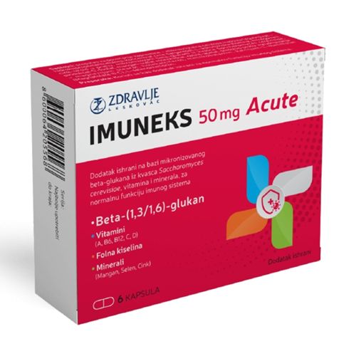 Imuneks Acute 50mg u pakovanju od  6 kapsula se koristi kao dodatak ishrani za normalnu funkciju imunog sistema i brži oporavak organizma.