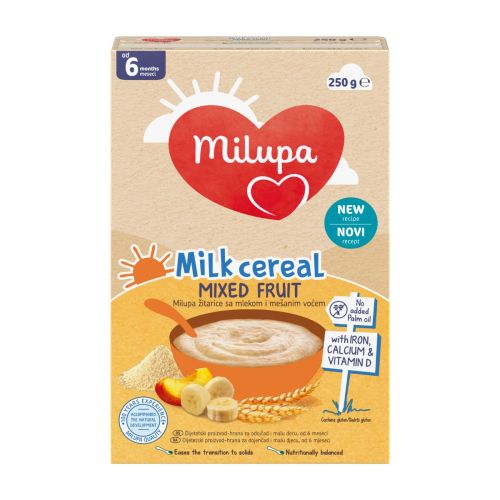 Milupa mlečna instant kaša mešano voće sa mlekom za odojčad, sa uravnoteženom prehrambenom vrednošću i optimalnom količinom vitamina i minerala.