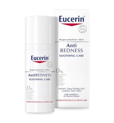 Eucerin AntiRedness 50ml, dnevna krema protiv crvenila namenjena je dnevnoj nezi preosetljive kože lica sa rozaceom i/ili kuperozom.