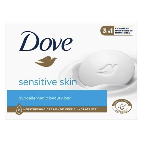 Dove Sensitive skin čvrsti sapun pogodan za osetljivu kožu, pomaže u hidriranju kože.