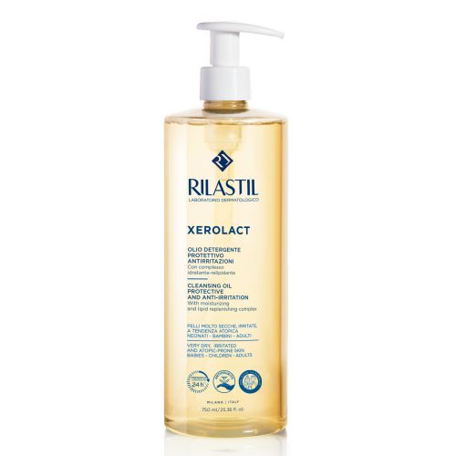 Rilastil Xerolac uljana kupka nežno čisti, deluje zaštitno-obnavlja barijeru i hidrira  kožu lica i tela.