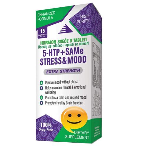 5-HTP+Same Strees&Mood kapsule sa serotoninom, vitaminima B6 i B12 i inozitolom. Smanjuje uznemirenost, anksioznost i stres. Protiv nesanice, za mentalnu ravnotežu.
