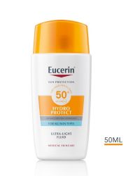 Eucerin hydro-protect ultralagani fluid za zaštitu lica od sunca efikasno štiti kožu od opekotina, UV indukovanog starenja i pojave pigmentnih fleka. 