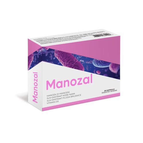 Manozal kapsule sa D-manozom, vitaminom D3, ekstraktom kore nara i ekstraktom ploda brusnice.Pomoćno sredstvo u lečenju urinarnih infekcija izazvanih bakterijama E.coli.