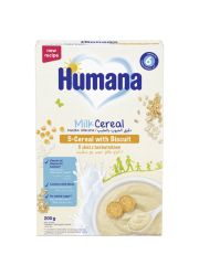 Humana mlecna instant kaša sa 5 žitarica i keksom, sadrži žitarice od celog zrna pšenice, kukuruza, pirinča, ovasa i ječma. Bez dodatnog šećera.