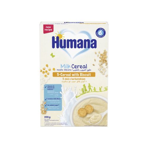 Humana mlecna instant kaša sa 5 žitarica i keksom, sadrži žitarice od celog zrna pšenice, kukuruza, pirinča, ovasa i ječma. Bez dodatnog šećera.